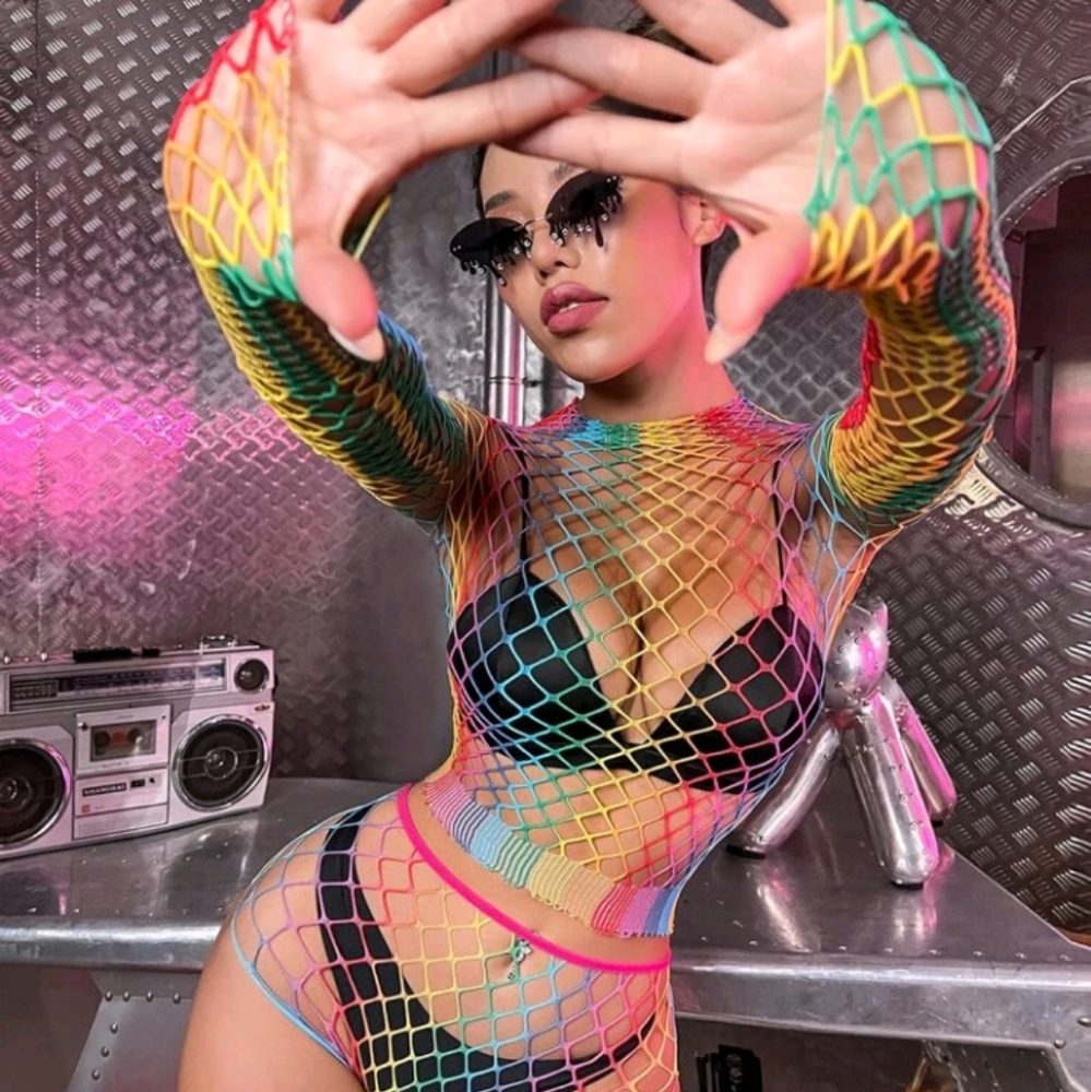 Rainbow Fishnet Hollow Out Neck Cover-up